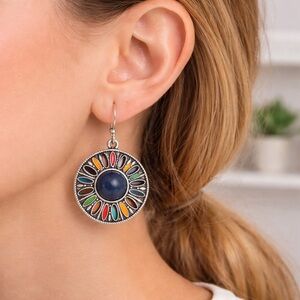Boho Vintage Enamel Mandala Dangle Earrings Silver Tone